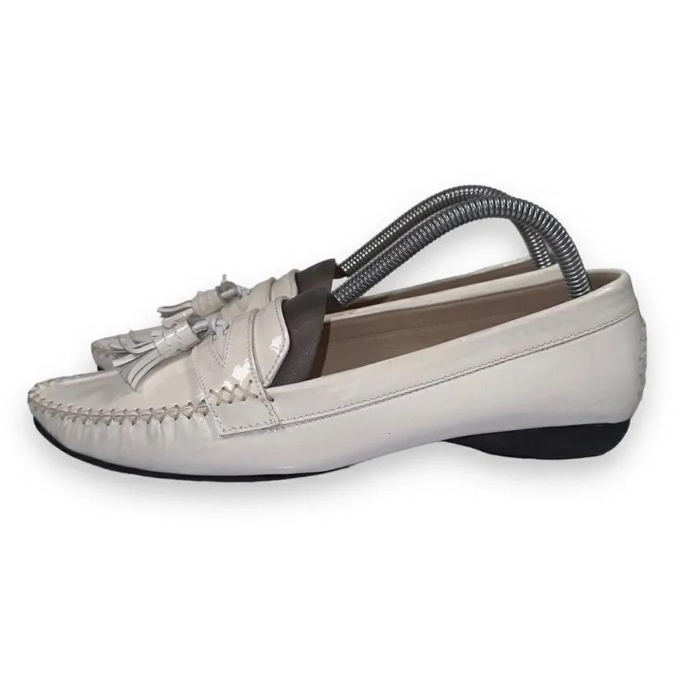 Stuart Weitzman Patient Leather Tassel Loafers White‎ Women's 9.5M